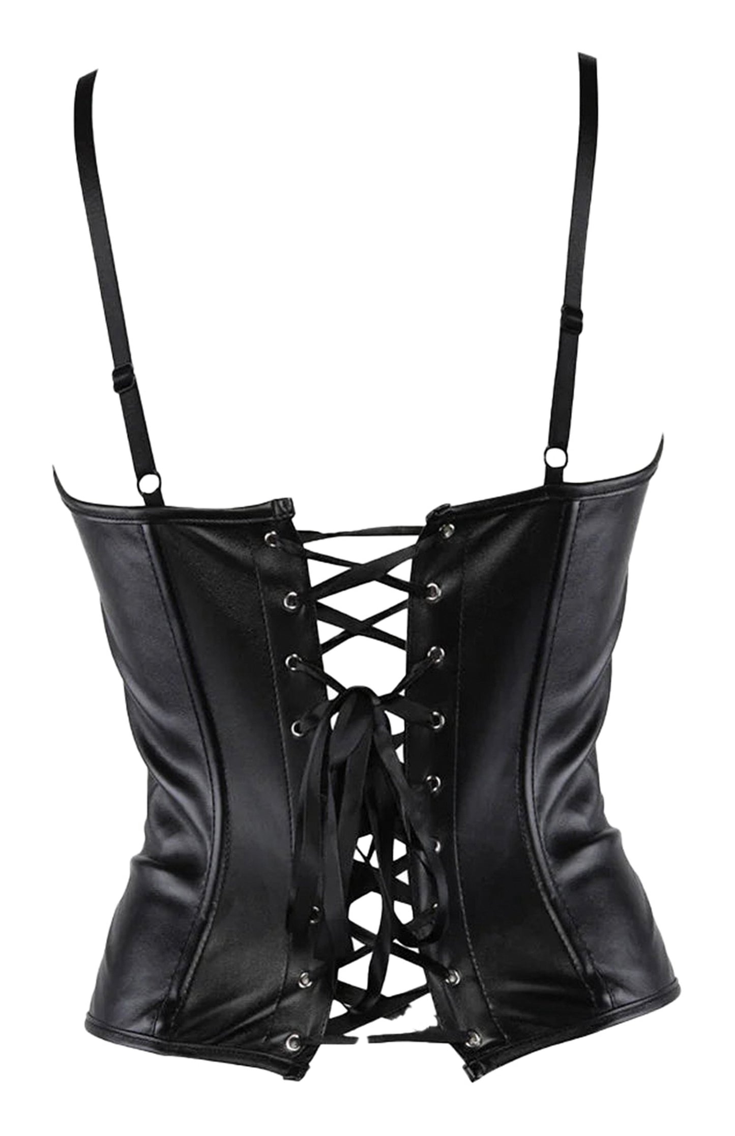 Back view of a black faux leather corset top with lace-up detailing and adjustable straps