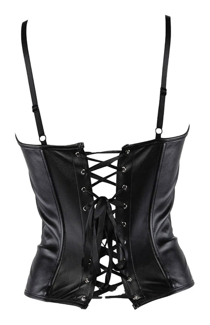 Back view of a black faux leather corset top with lace-up detailing and adjustable straps