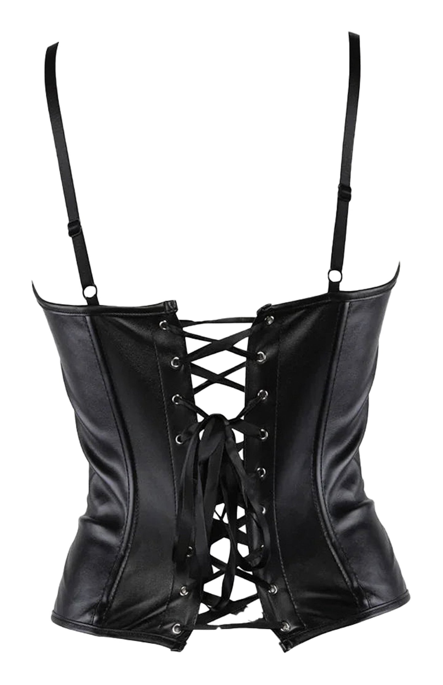 Back view of a black faux leather corset top with lace-up detailing and adjustable straps