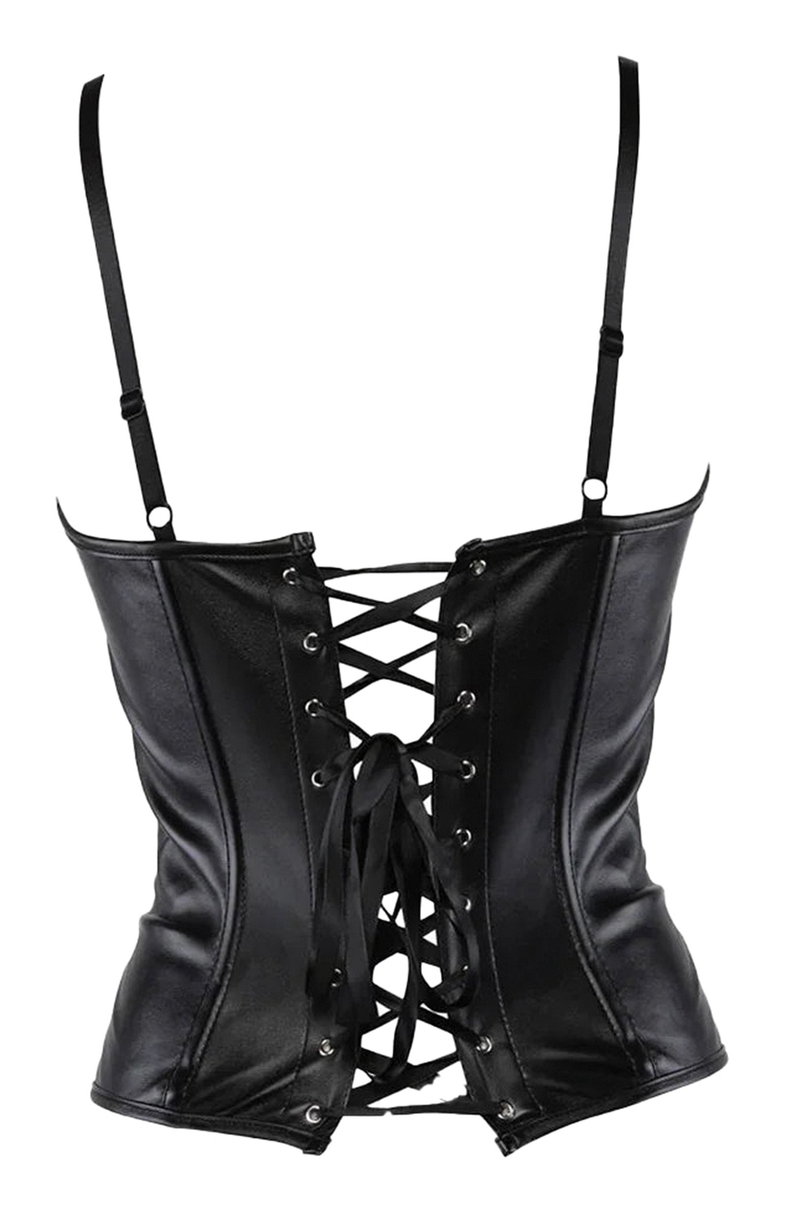 Back view of a black faux leather corset top with lace-up detailing and adjustable straps