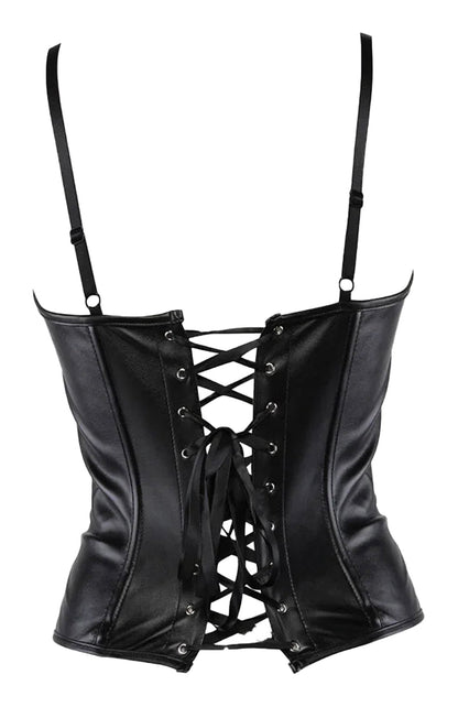 Back view of a black faux leather corset top with lace-up detailing and adjustable straps