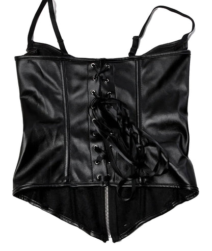 Sleek black faux leather corset top with lace-up detail and adjustable straps