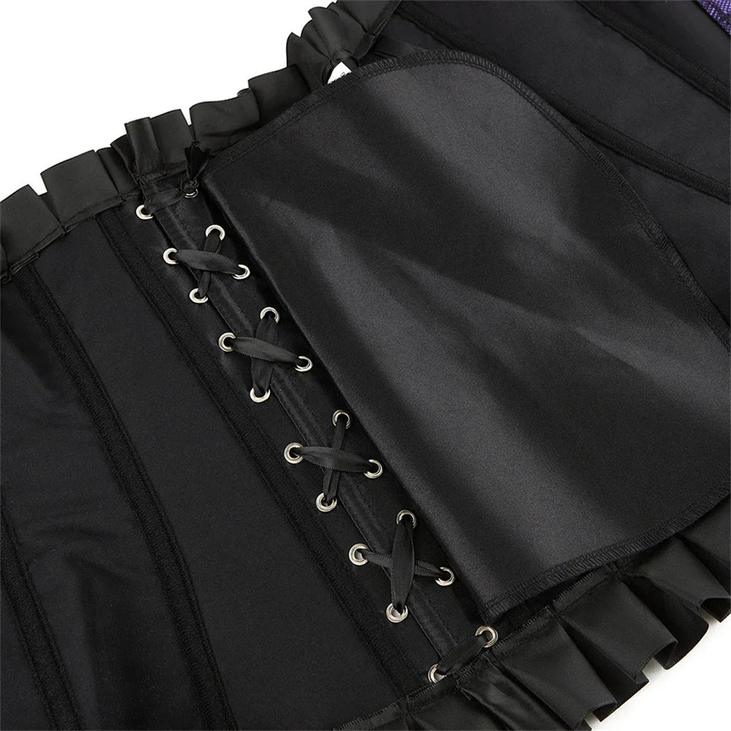 Black faux leather corset top featuring lace-up detailing and ruffled edges for a stylish look