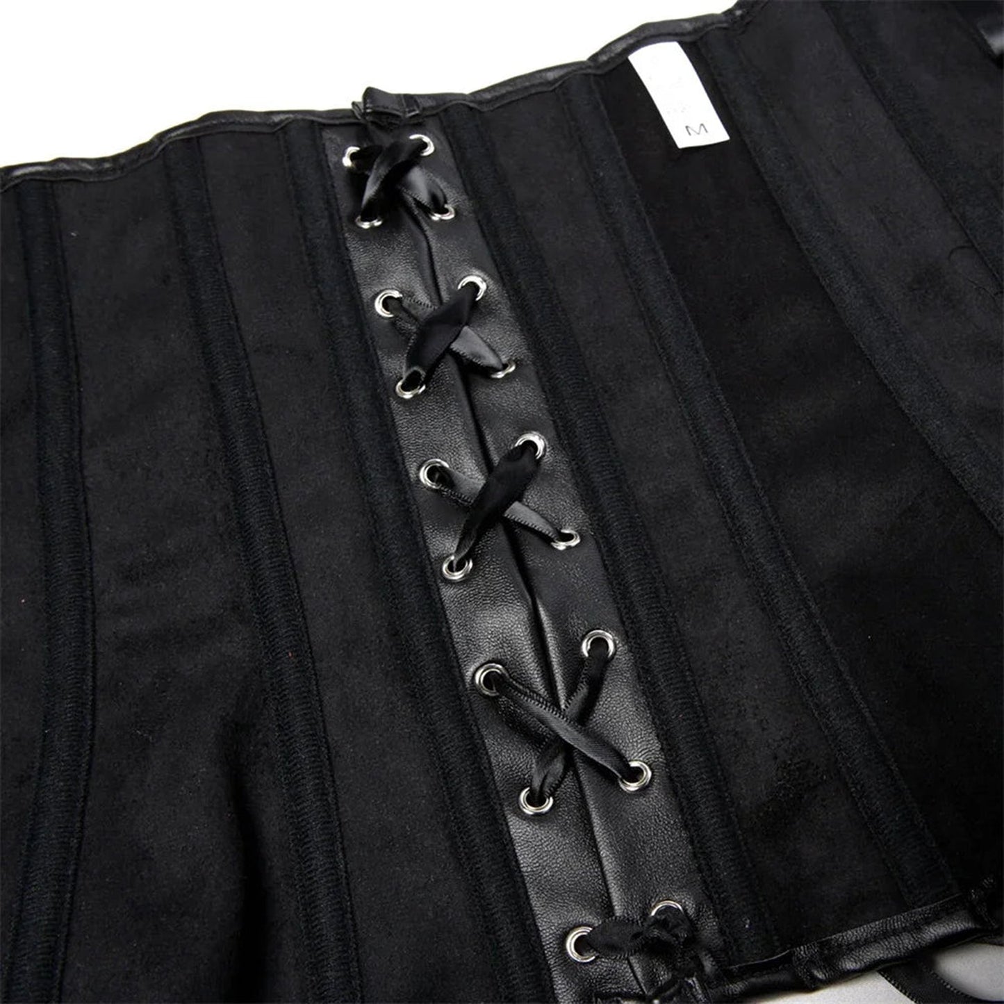 Black faux leather corset top with adjustable lace-up front for a stylish fit