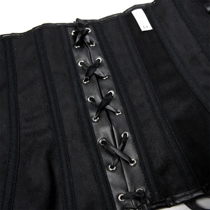 Black faux leather corset top with adjustable lace-up front for a stylish fit