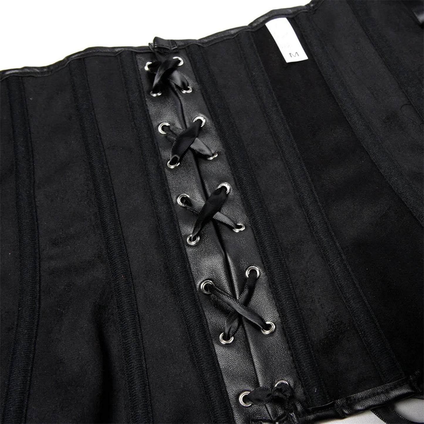 Black faux leather corset top with lace-up detail and adjustable fit for stylish outfits