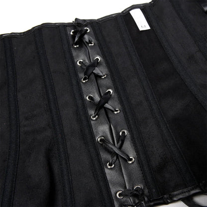 Black faux leather corset top with lace-up detail and adjustable fit for stylish outfits