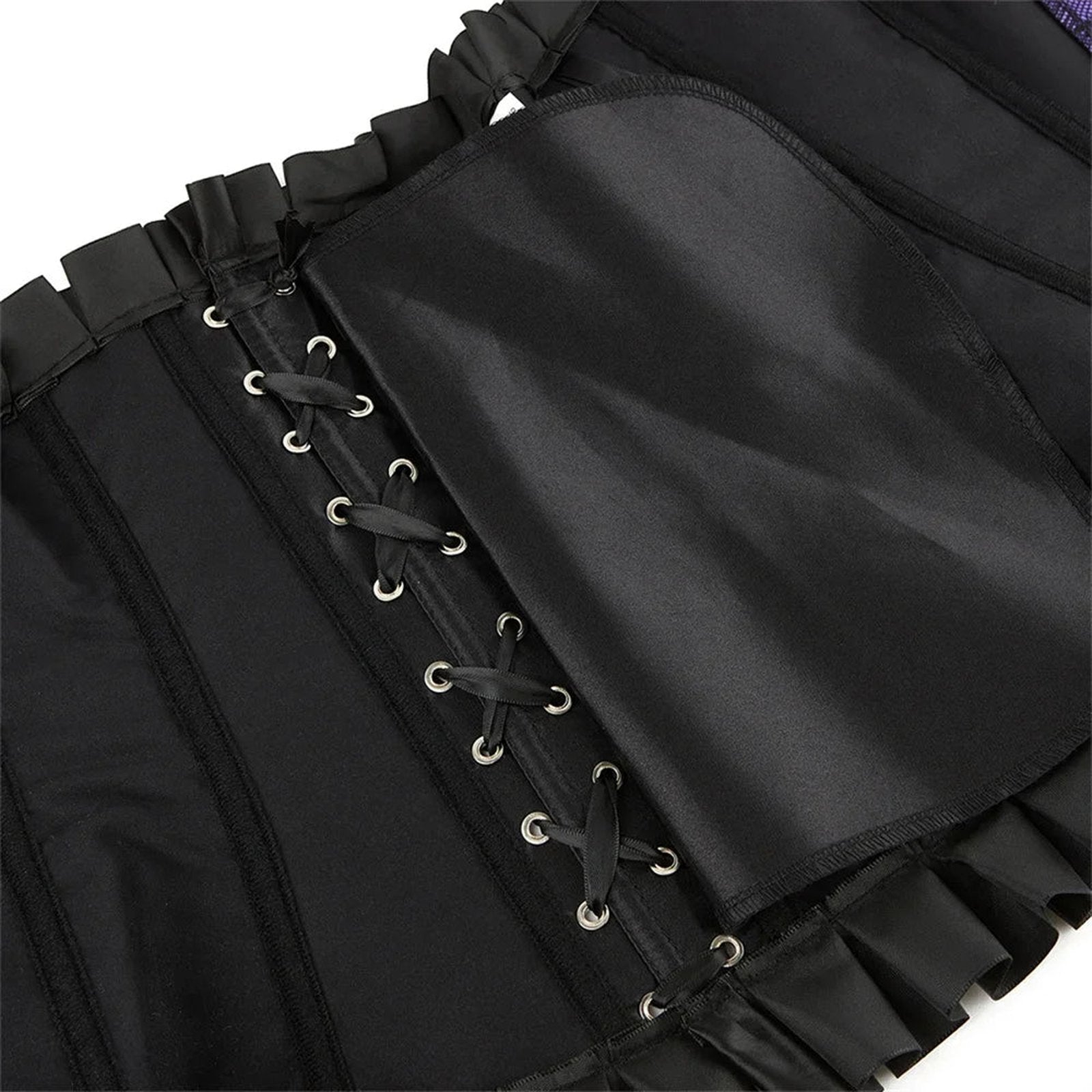 Black faux leather corset top with lace-up details and ruffled edges for a stylish look