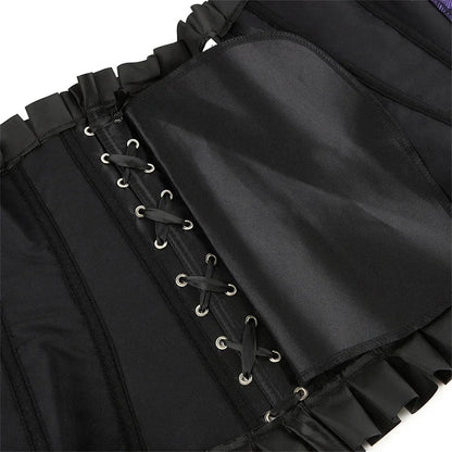 Black faux leather corset top with lace-up details and ruffled edges for a stylish look