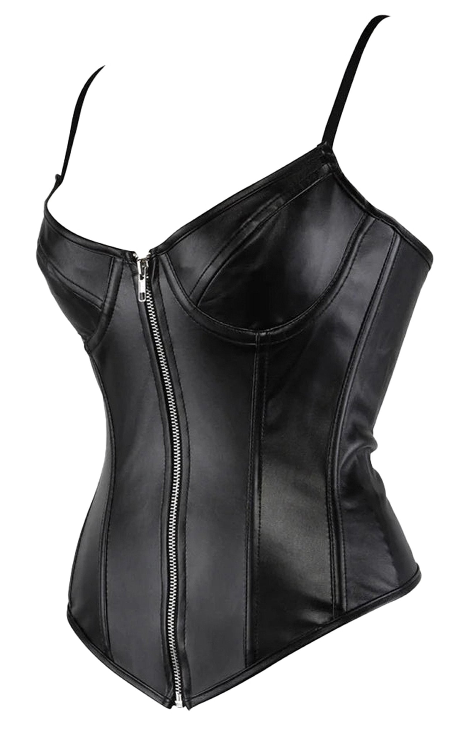 Black faux leather corset top with a zip front and adjustable straps for a stylish look