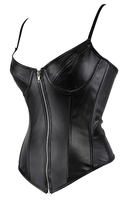 Black faux leather corset top with a zip front and adjustable straps for a stylish look