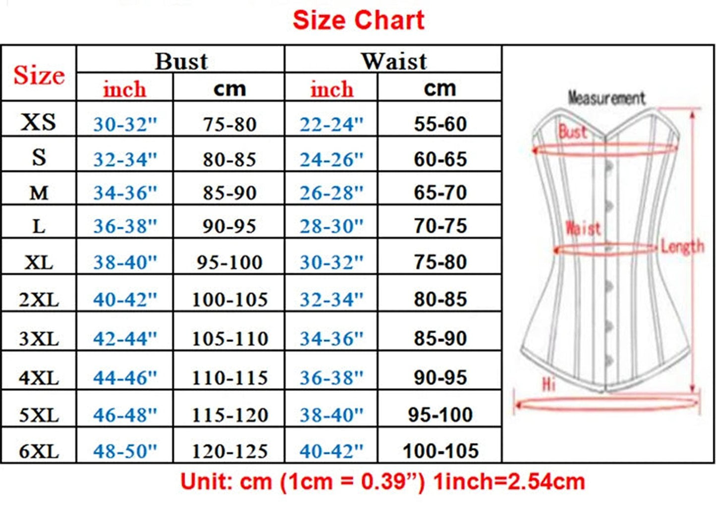 Size chart for black faux leather corset top, showing measurements in inches and centimeters for various sizes