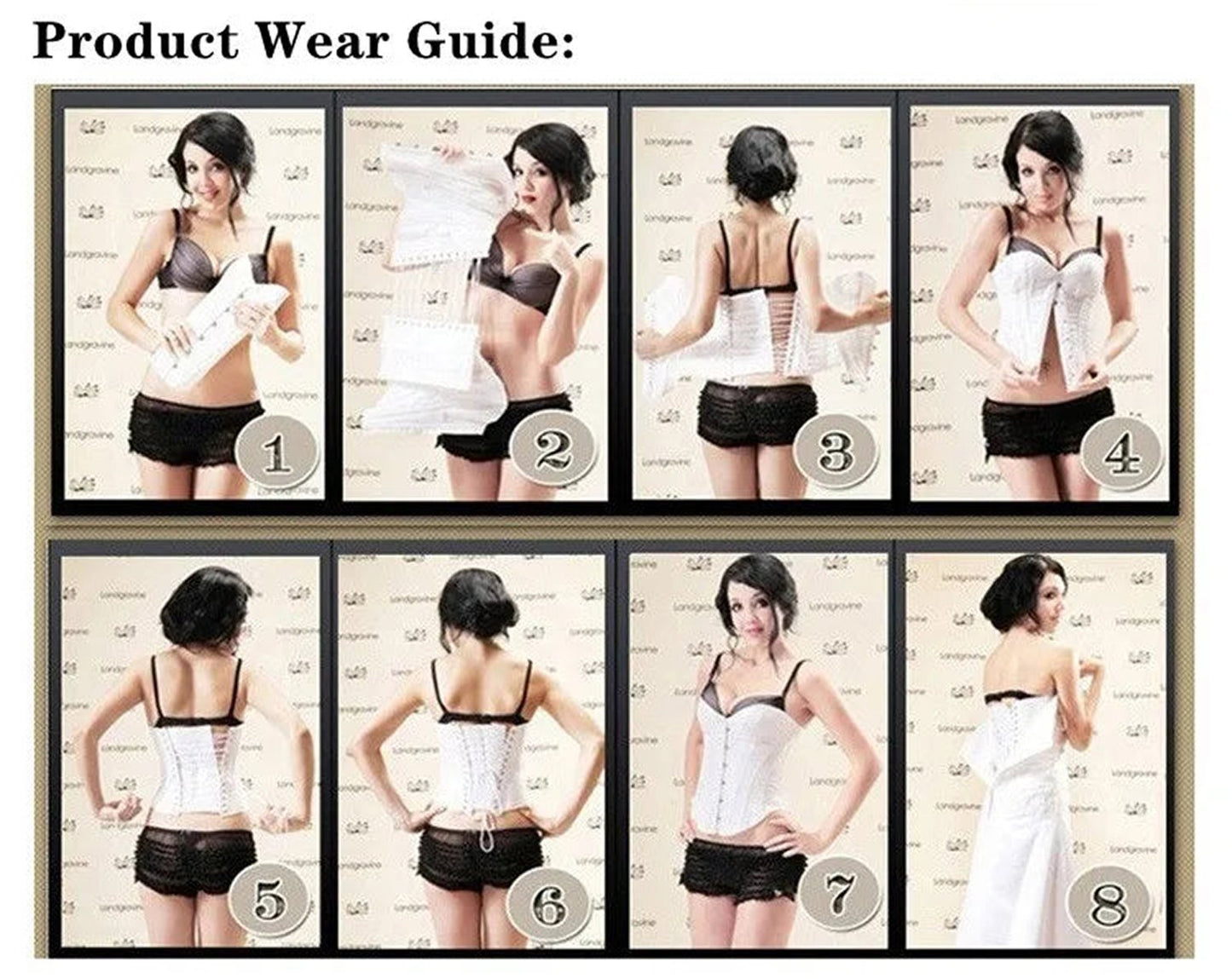 Product wear guide for a black faux leather corset top showing various styling options and fit examples.
