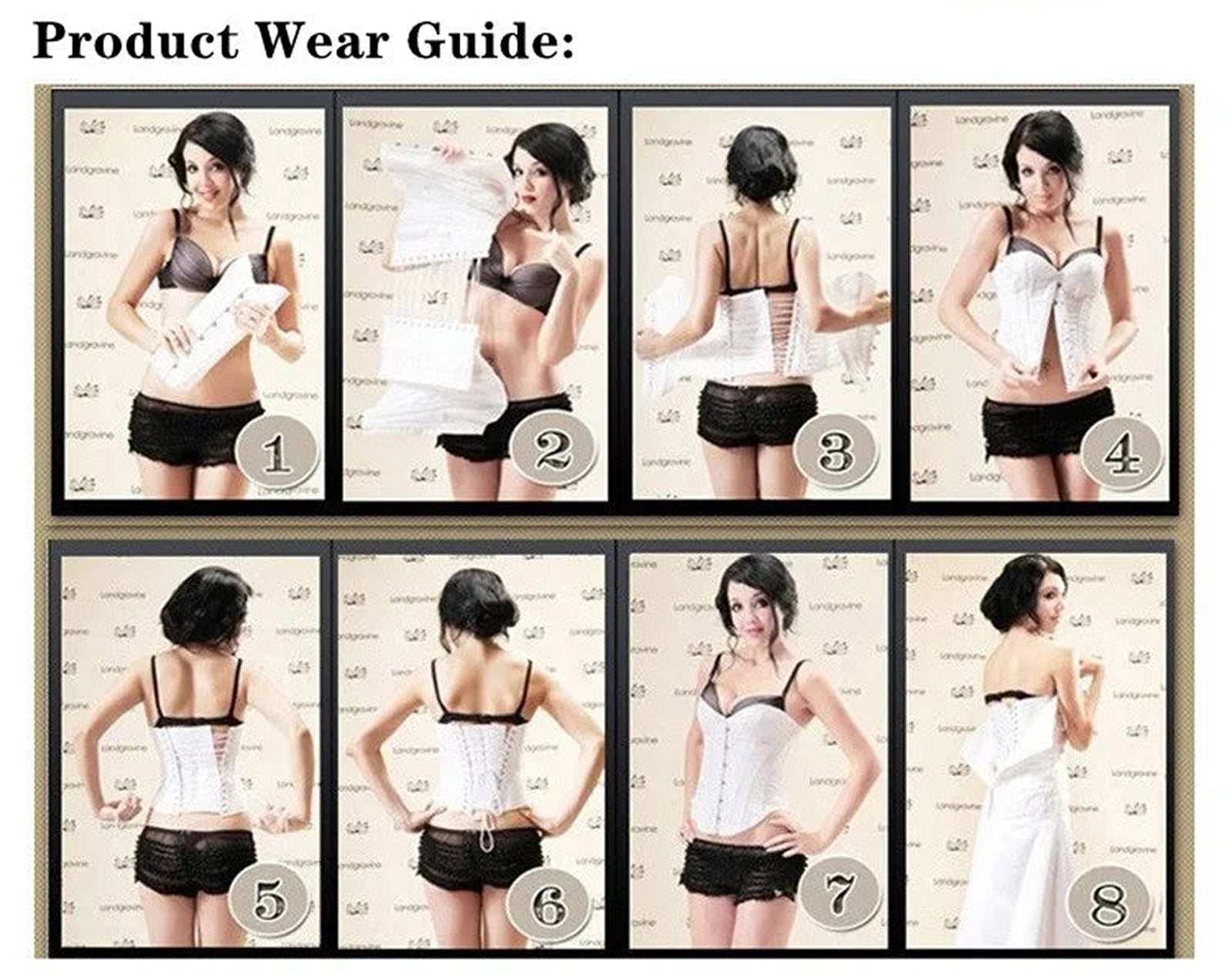 Product wear guide for a black faux leather corset top showing various styling options and fit examples.