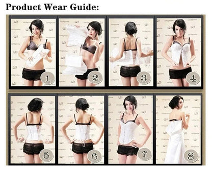 Product wear guide for a black faux leather corset top showing various styling options and fit examples.