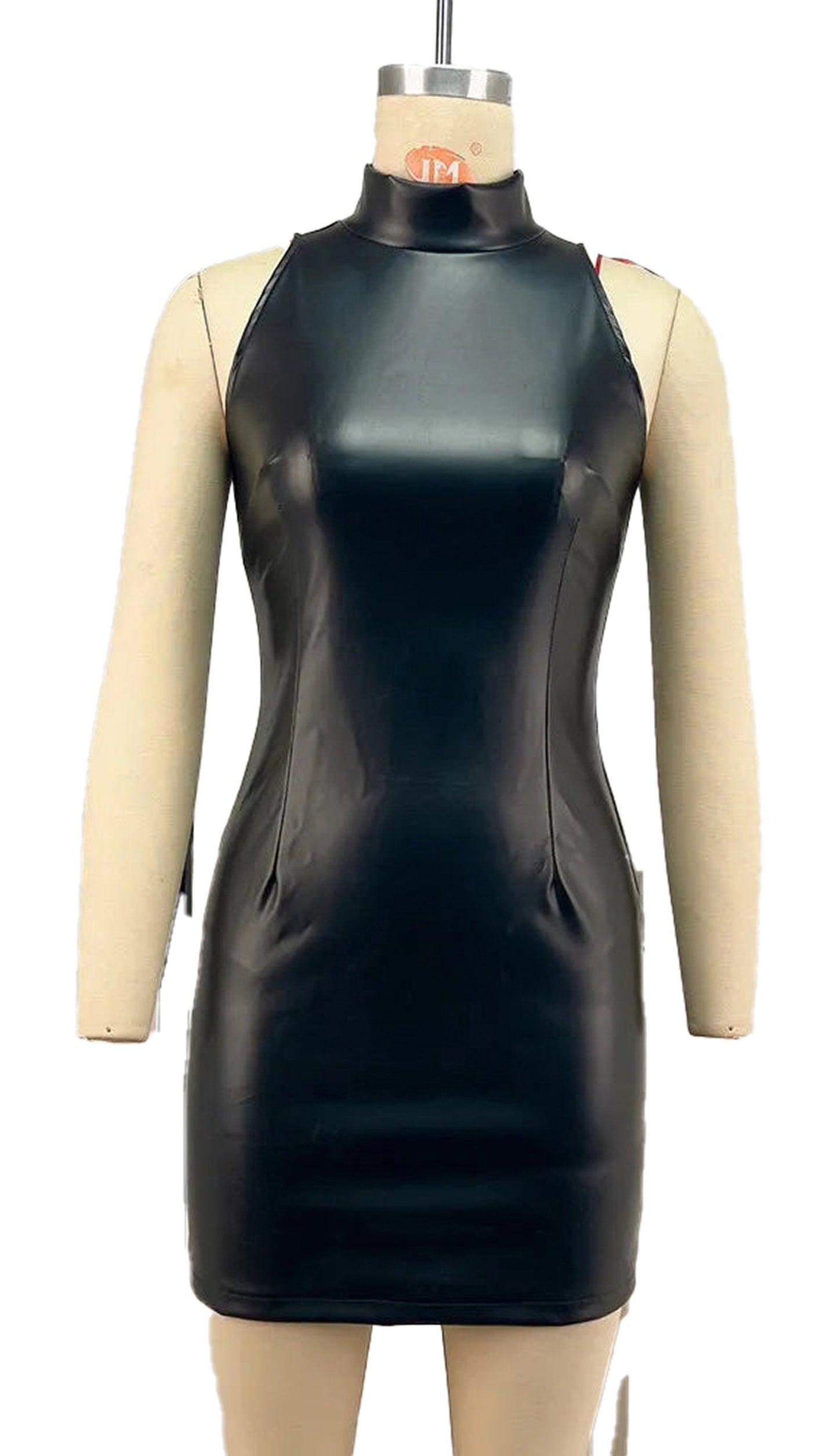 Black faux leather mini dress with a sleek, form-fitting design and high neckline