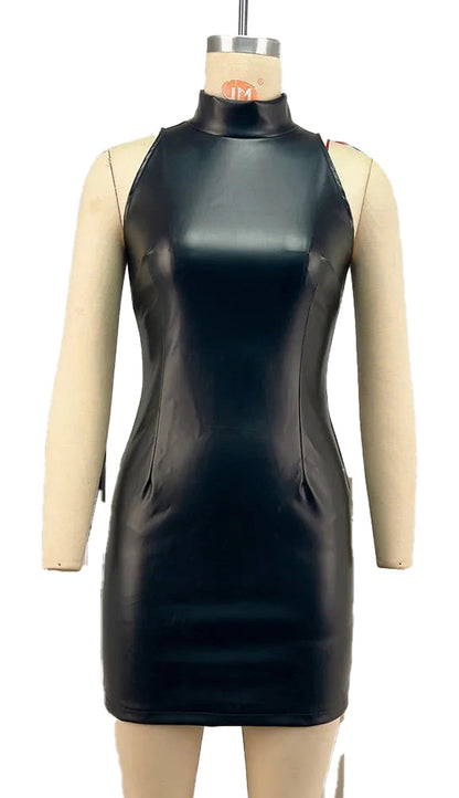 Black faux leather mini dress with a sleek, form-fitting design and high neckline