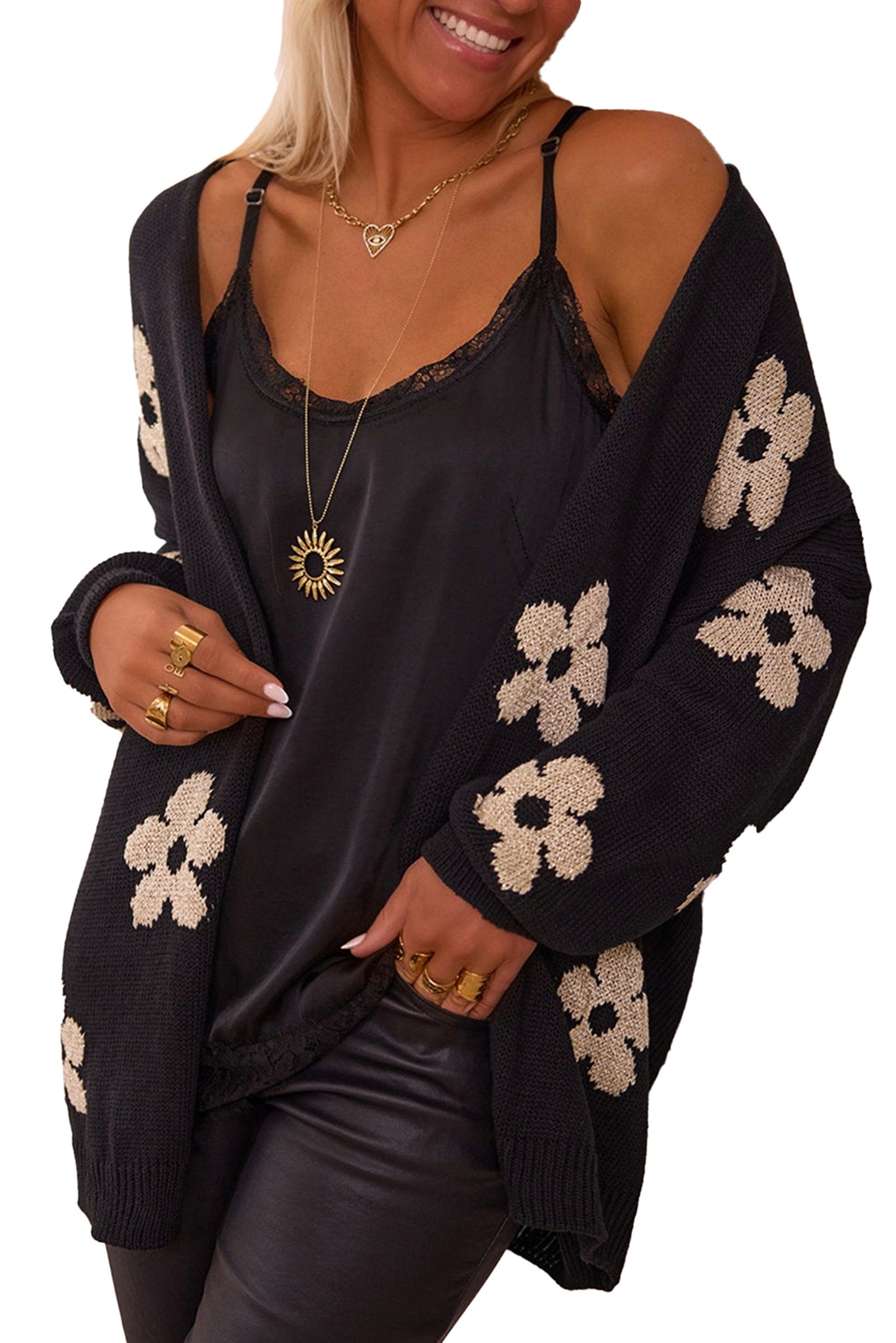 LuckeLadybug black floral knit cardigan featuring oversized fit and floral design perfect for casual outfits