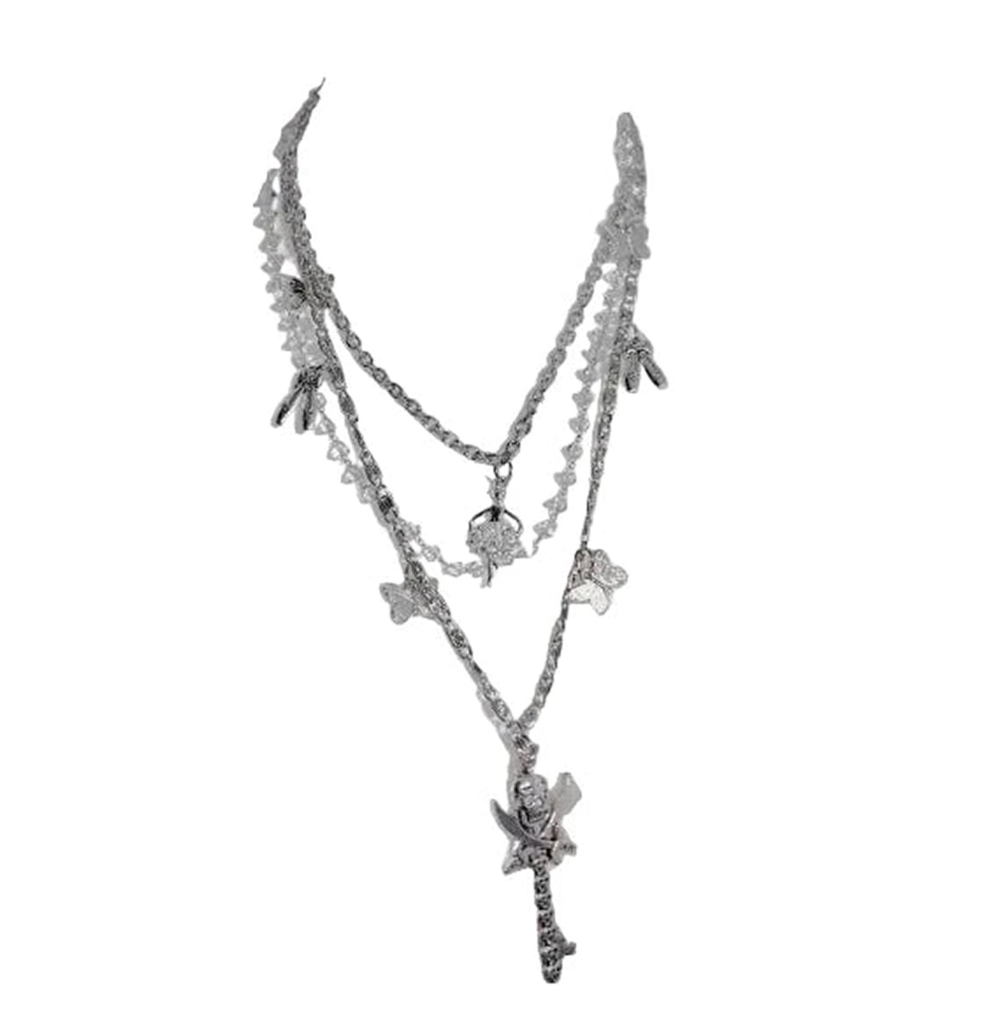 Stylish silver necklace with gothic charms, perfect for pairing with a black goth corset top for women