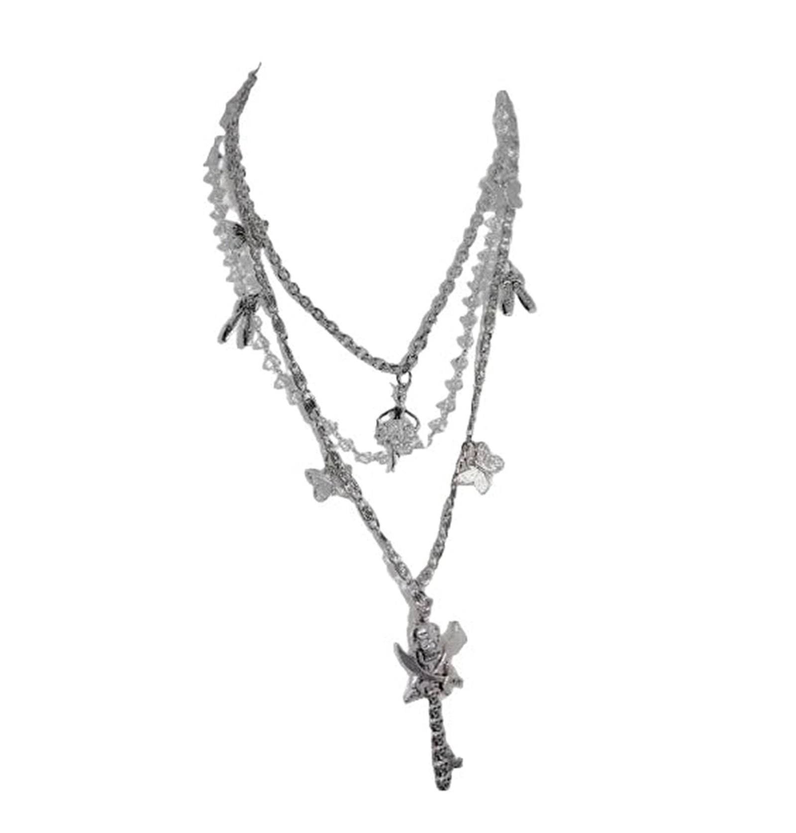 Stylish silver necklace with gothic charms, perfect for pairing with a black goth corset top for women