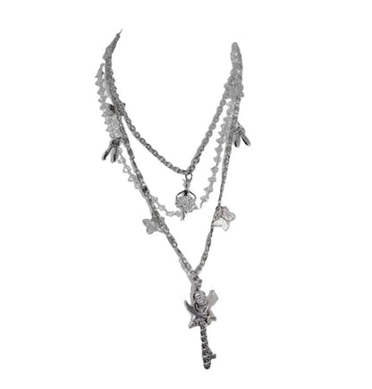 Stylish silver necklace with gothic charms, perfect for pairing with a black goth corset top for women