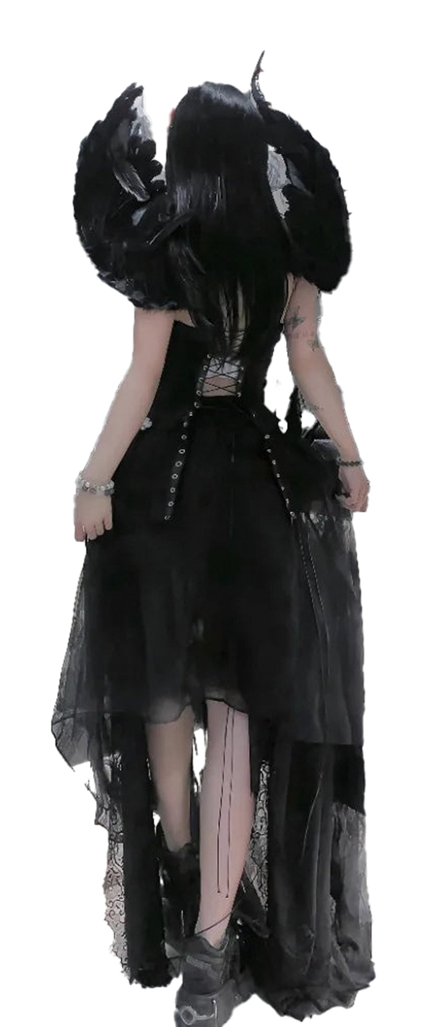 Stylish black goth corset top for women paired with a dramatic black outfit and wings