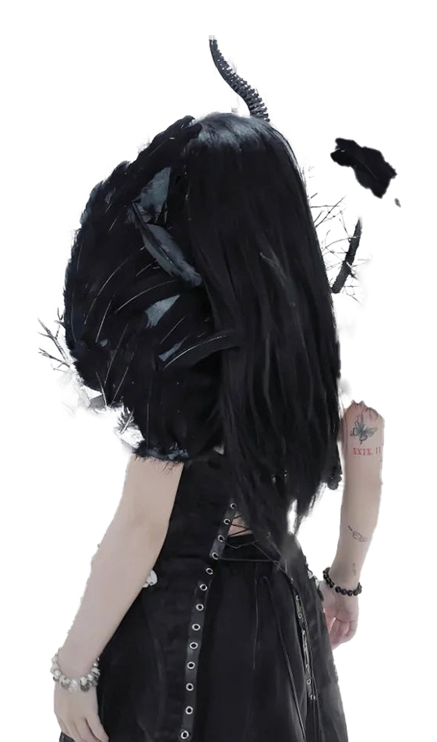 Black goth corset top for women, featuring dramatic feathered wings for a bold fashion statement
