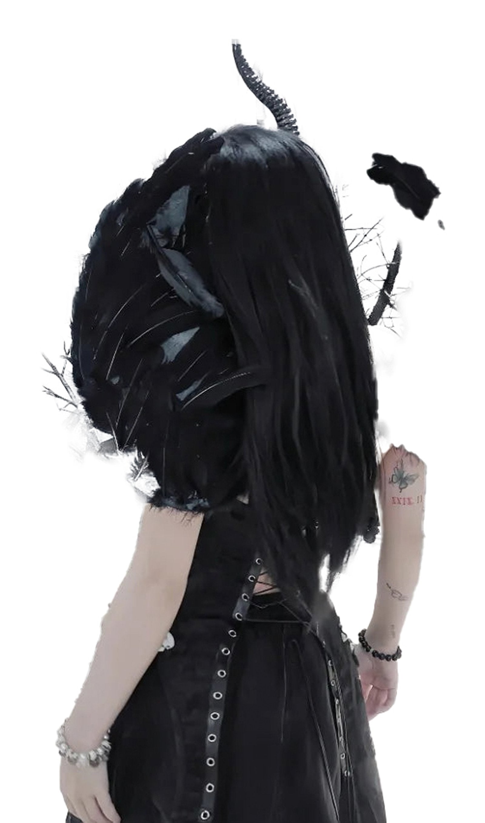 Black goth corset top for women, featuring dramatic feathered wings for a bold fashion statement