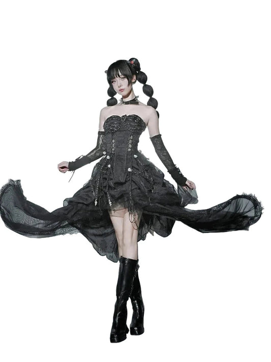 Stylish black goth corset top for women featuring lace detailing and a flowing skirt