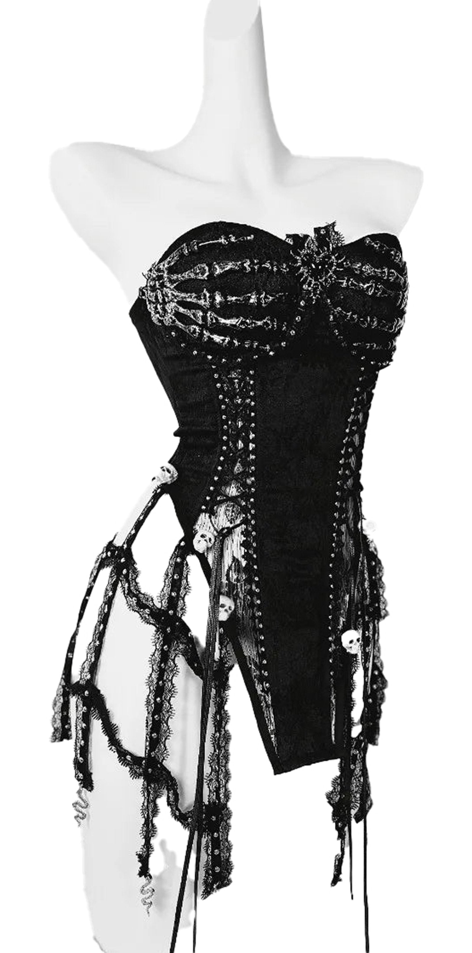 Black goth corset top for women with skull embellishments and lace detailing for a bold look