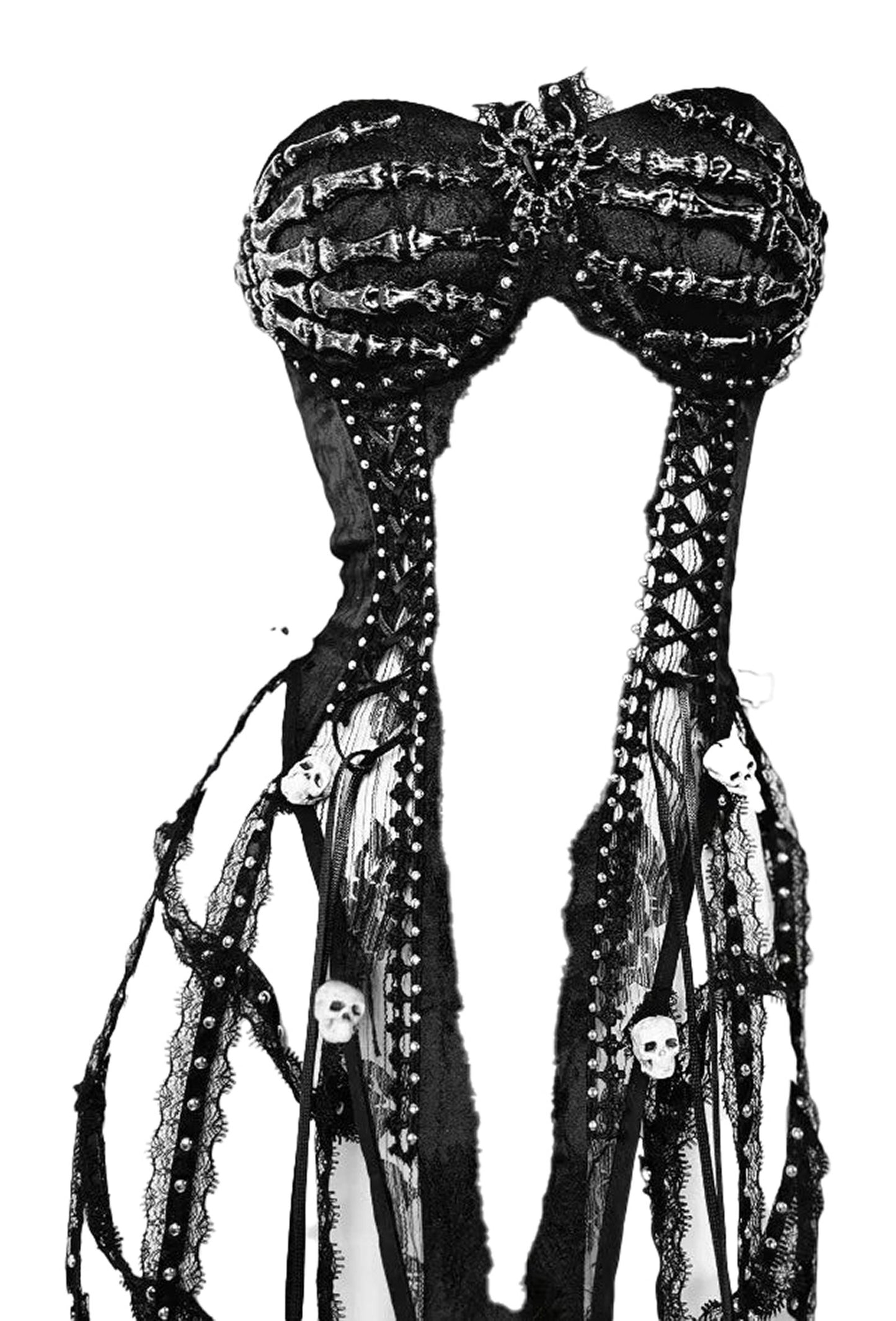 Black goth corset top for women with lace details and skull embellishments for a stylish look
