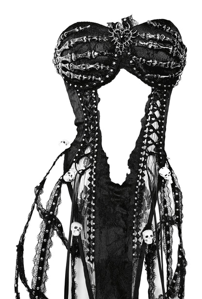 Stylish black goth corset top for women featuring lace and skull embellishments