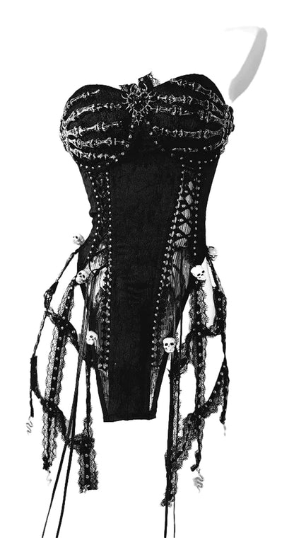 LuckeLadybug LLC black goth corset top for women with unique skull and lace detailing