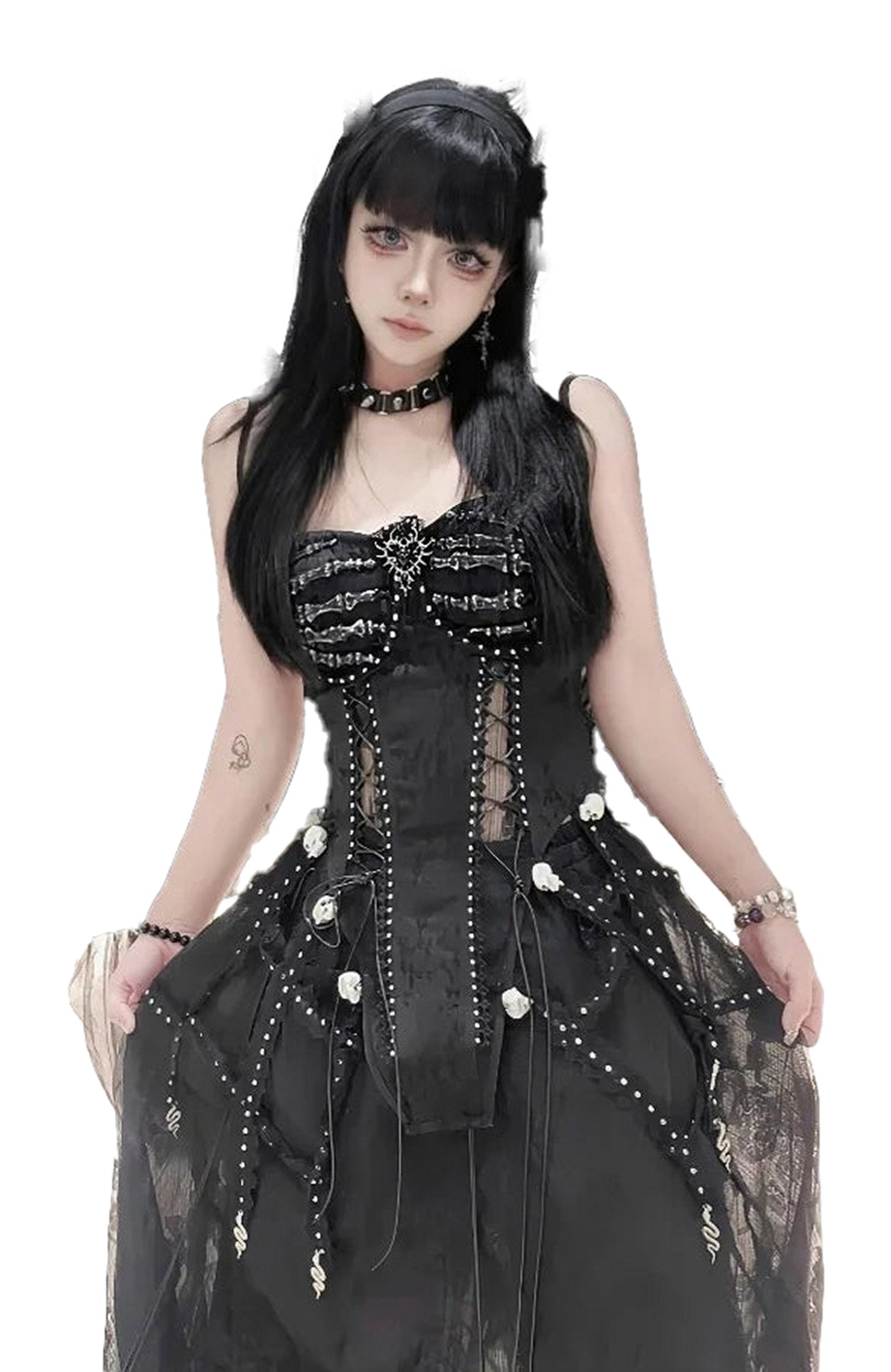 Black goth corset top for women featuring intricate details and lace accents