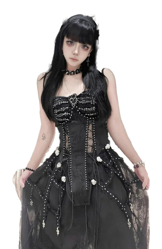 Black goth corset top for women featuring intricate details and lace accents
