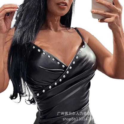 Black gothic bodycon mini dress with adjustable straps and studded detailing for a stylish look