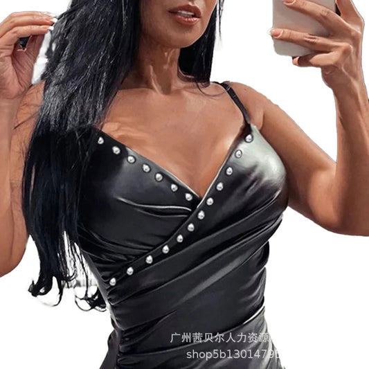 Black gothic bodycon mini dress with adjustable straps and studded detailing for a stylish look