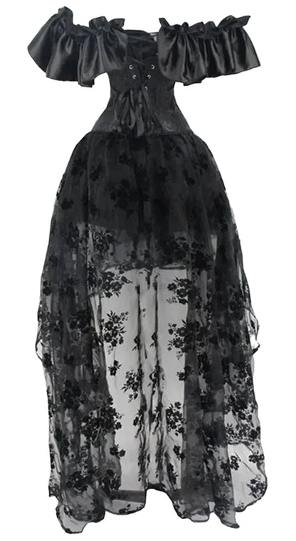 Elegant black gothic corset dress set with off-shoulder ruffle sleeves and sheer floral overlay.