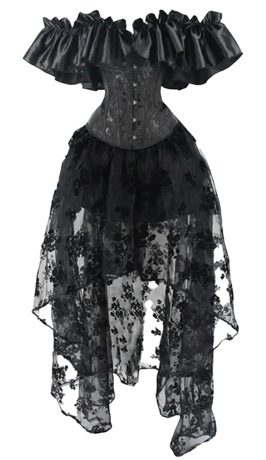 Elegant black gothic corset dress set featuring a ruffled off-shoulder design and flowing lace skirt