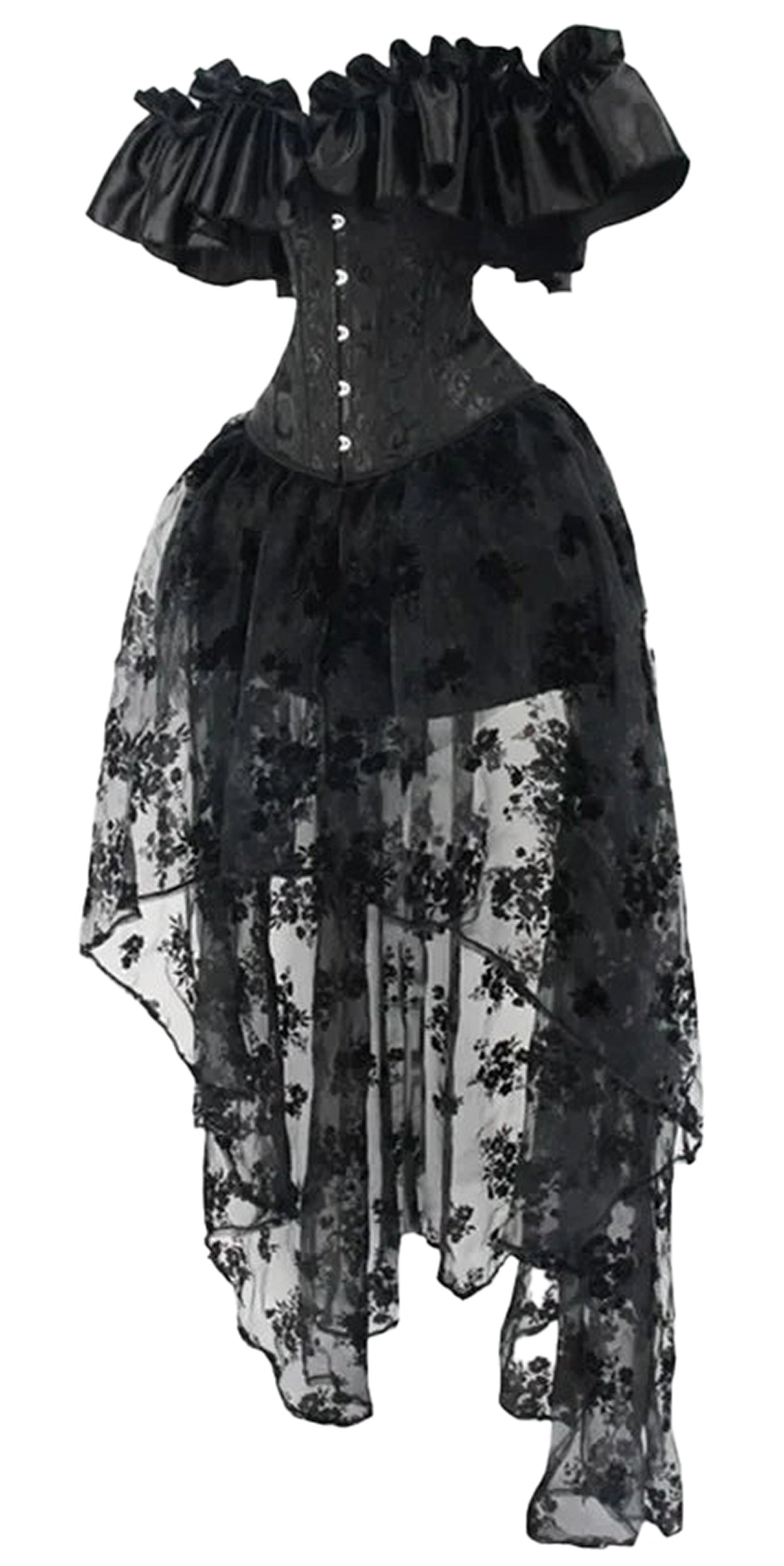 Elegant black gothic corset dress set with ruffled neckline and floral lace overlay