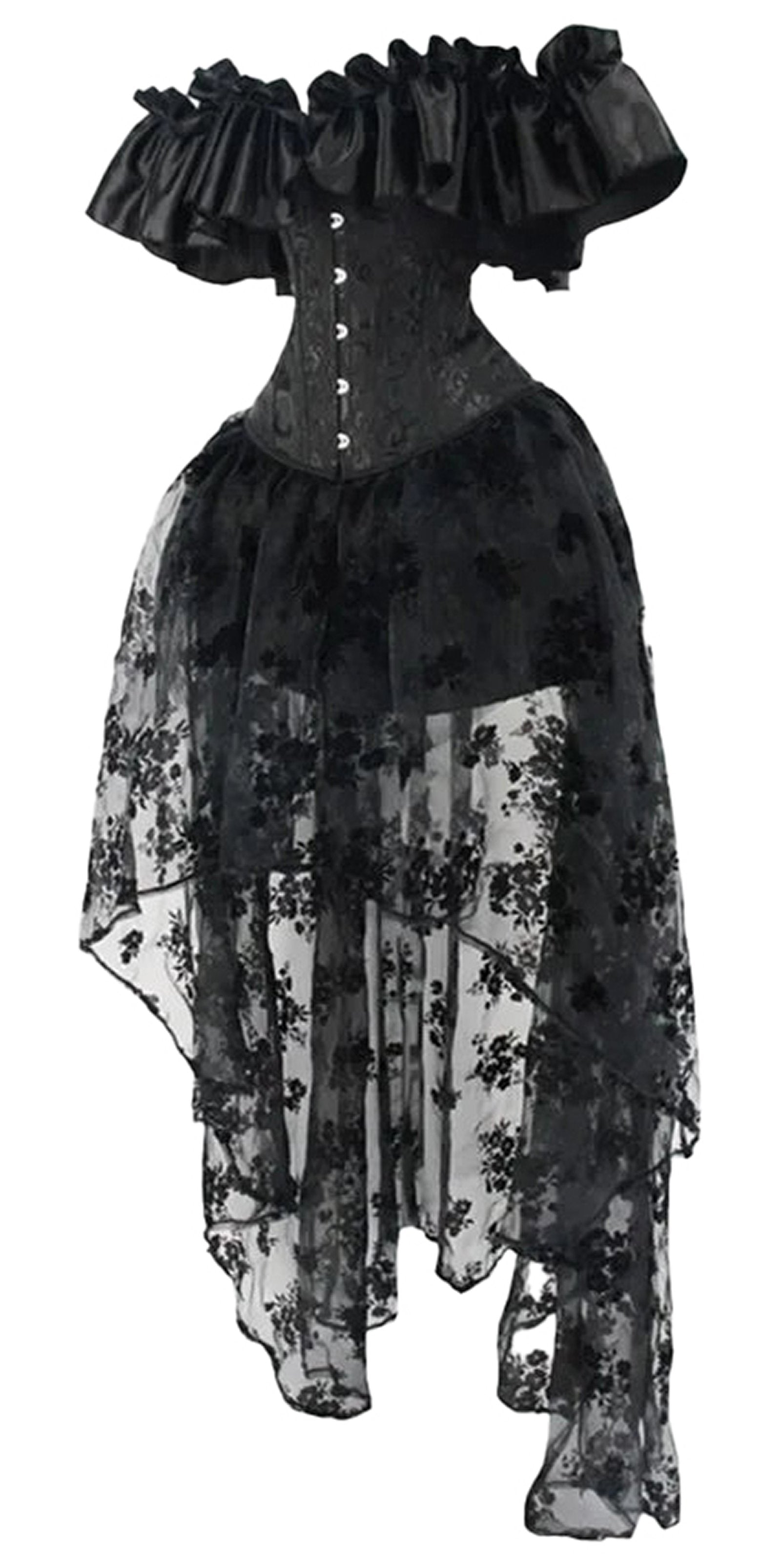 Elegant black gothic corset dress set with ruffled neckline and floral lace overlay