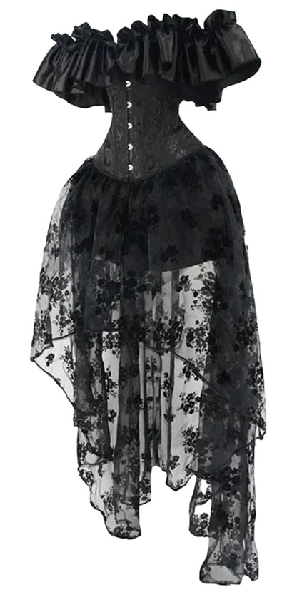 Elegant black gothic corset dress set with ruffled neckline and floral lace overlay