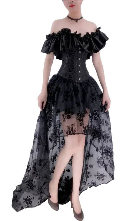 Black gothic corset dress set with ruffled off-shoulder design and floral lace for a dramatic look