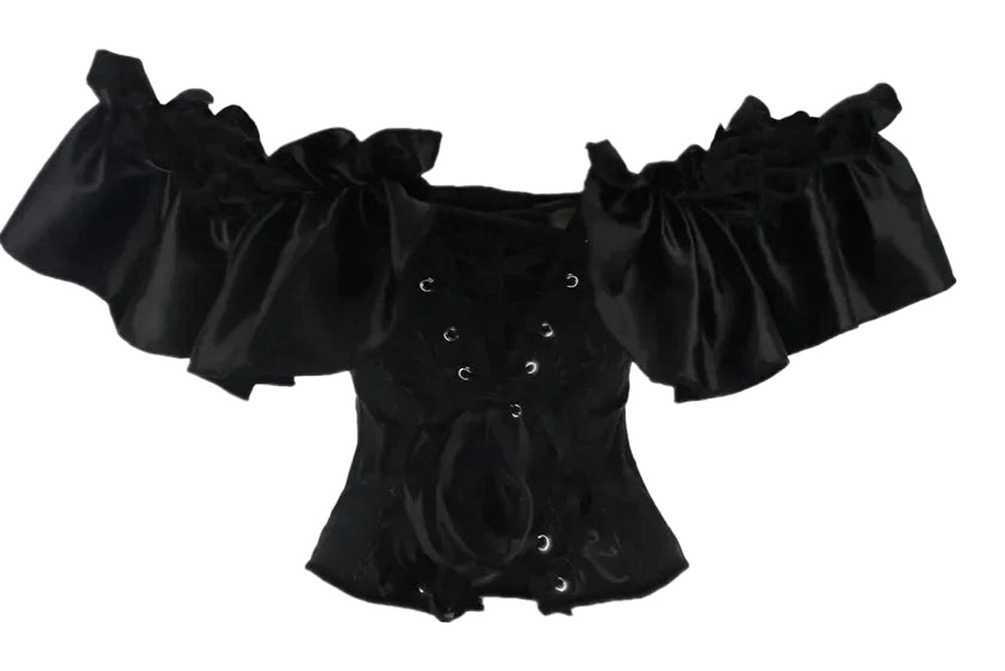 Black gothic corset dress set with satin fabric and dramatic puff sleeves for a stylish look
