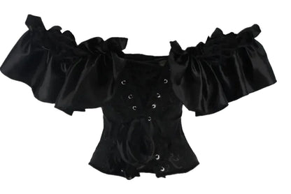 Black gothic corset dress set with satin fabric and dramatic puff sleeves for a stylish look