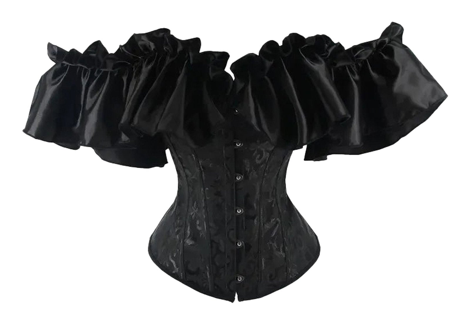 Elegant black gothic corset dress set with voluminous ruffled sleeves for a dramatic look