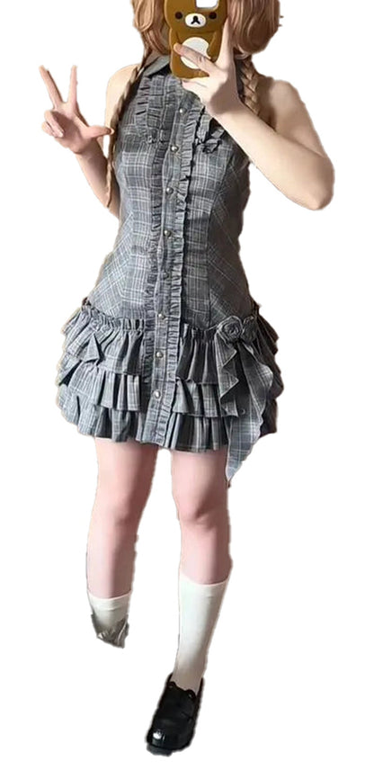 Stylish black gothic mini dress for women with ruffled detailing and button accents by LuckeLadybug LLC