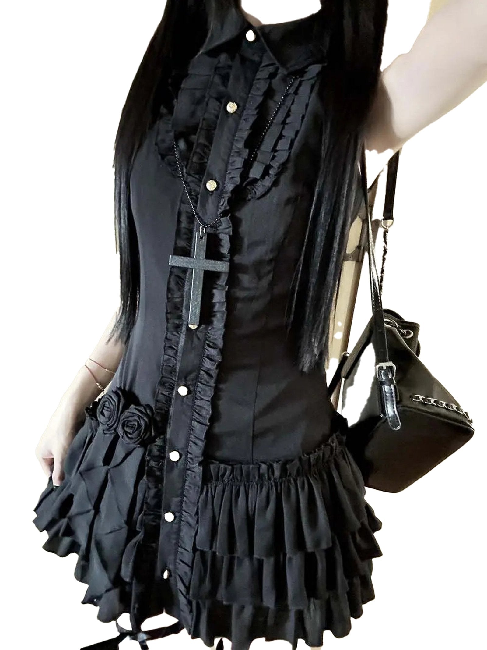 Black gothic mini dress for women with ruffles and lace details, perfect for a trendy look