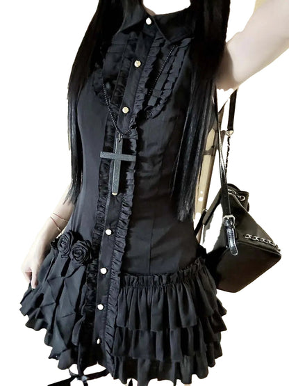 Black gothic mini dress for women with ruffles and lace details, perfect for a trendy look