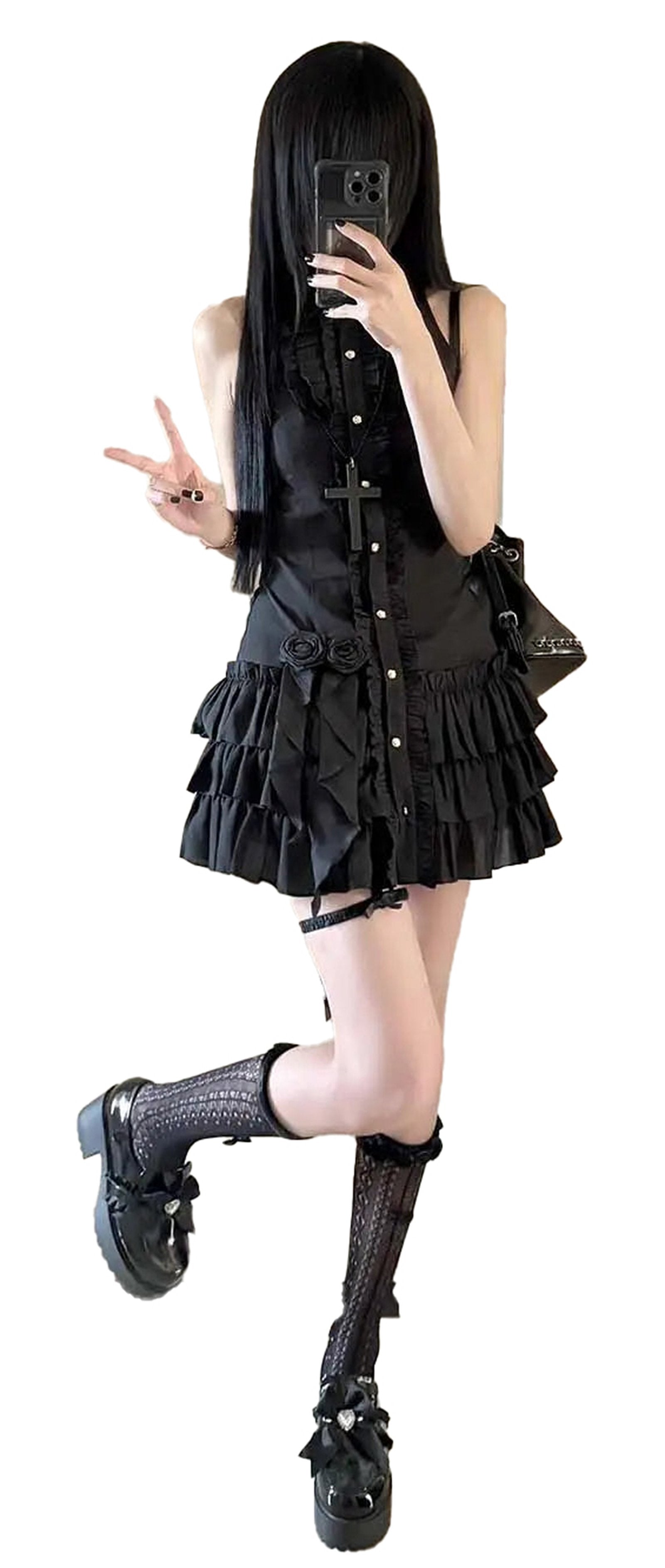 Model wearing a black gothic mini dress for women with ruffles and button details
